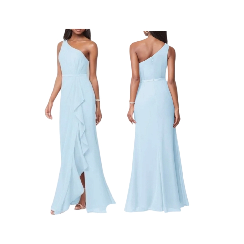 NEW AZAZIE Sky Blue Liza One Shoulder Ruffle Side Slit Mermaid Maxi Dress A6